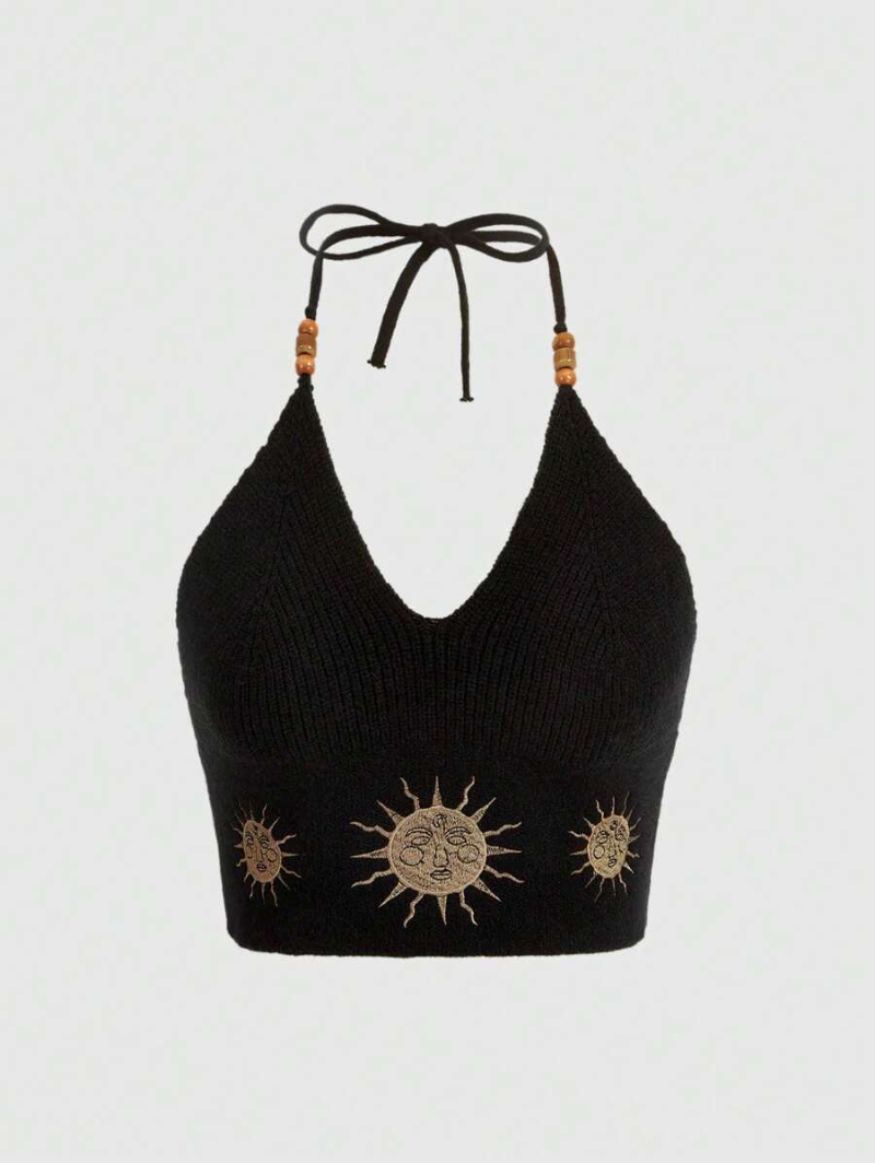 Hippie Sun Pattern Halter Knit Top