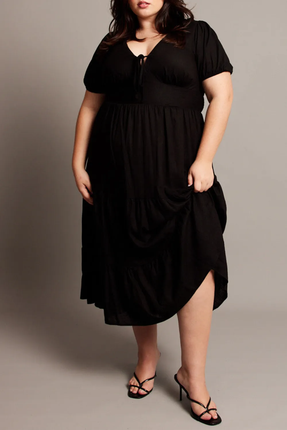 Black Midi Dress Short Sleeve Linen Blend