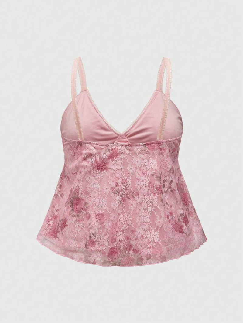 Fairycore Plus Size Rose Pattern Lace Fabric Babydoll Cami And Top