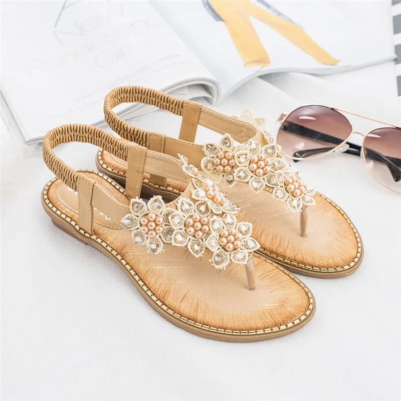 Cilool New Fashion Bead Flower Round Toe Flip-flop Sandals