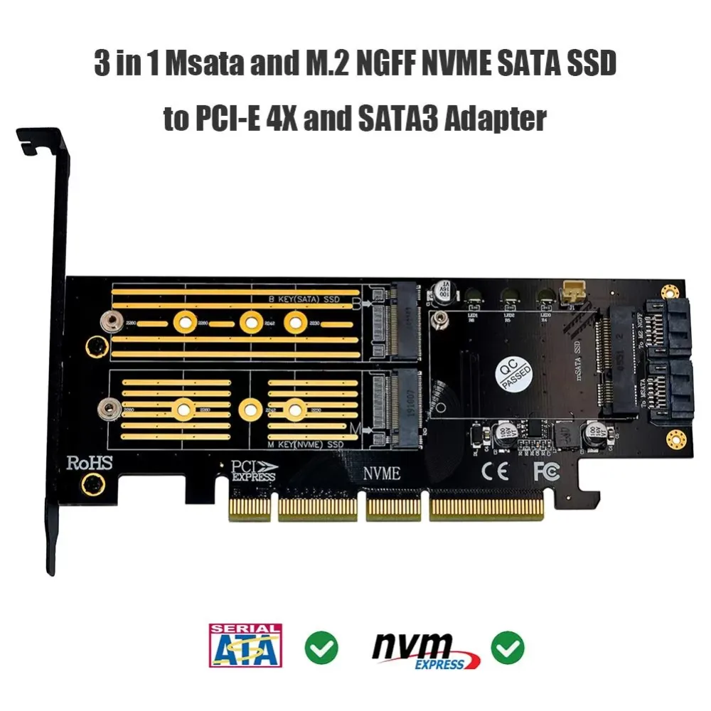 3 in 1 NGFF PCIE Apapter M.2 NVME Converter M.2 SATA 3 Channel SSD Read Write LED Indicator to PCI E 4X SATA3 SSD Apapter