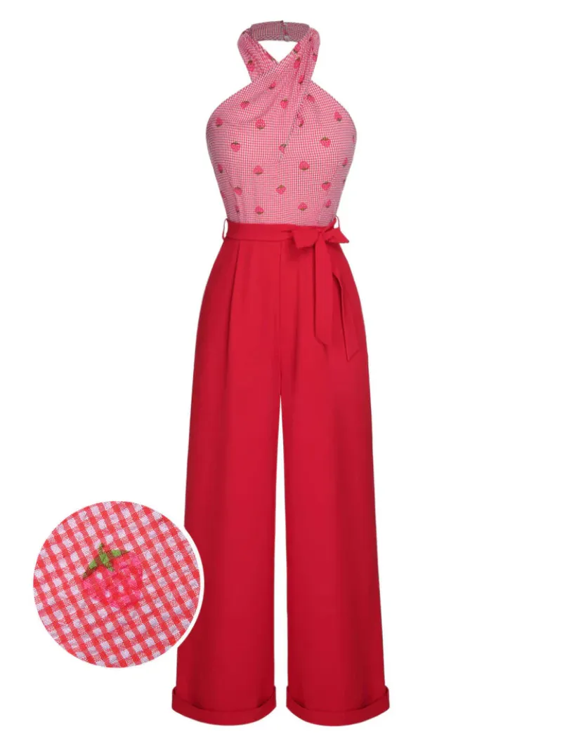 RED 1950S STRAWBERRY CROSS HALTER JUMPSUIT