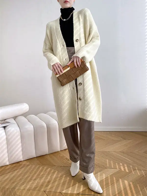 Urban Loose Solid Color Thick Thread Knitting Cardigan Coats