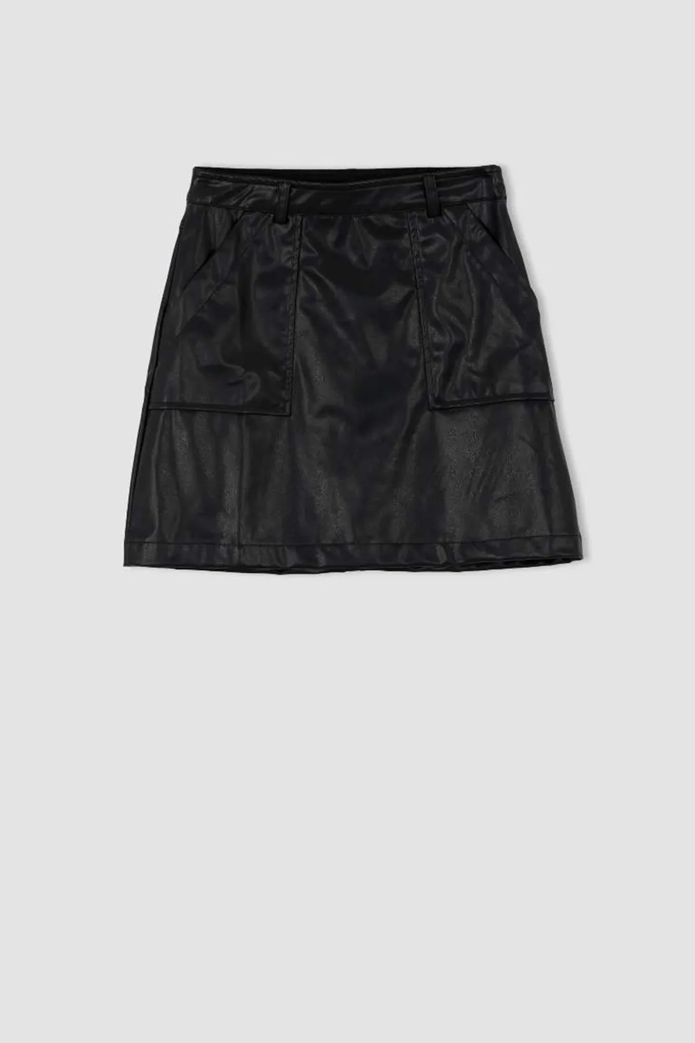 A Cut Faux Leather Normal Waist Mini Knitted Skirt