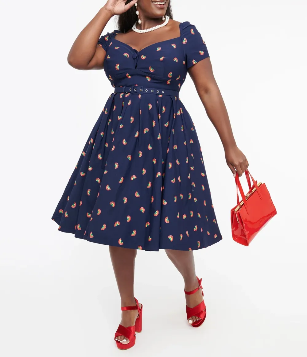 Unique Vintage Plus Size 1950s Navy & Rainbow Stamp Midge Swing Dress