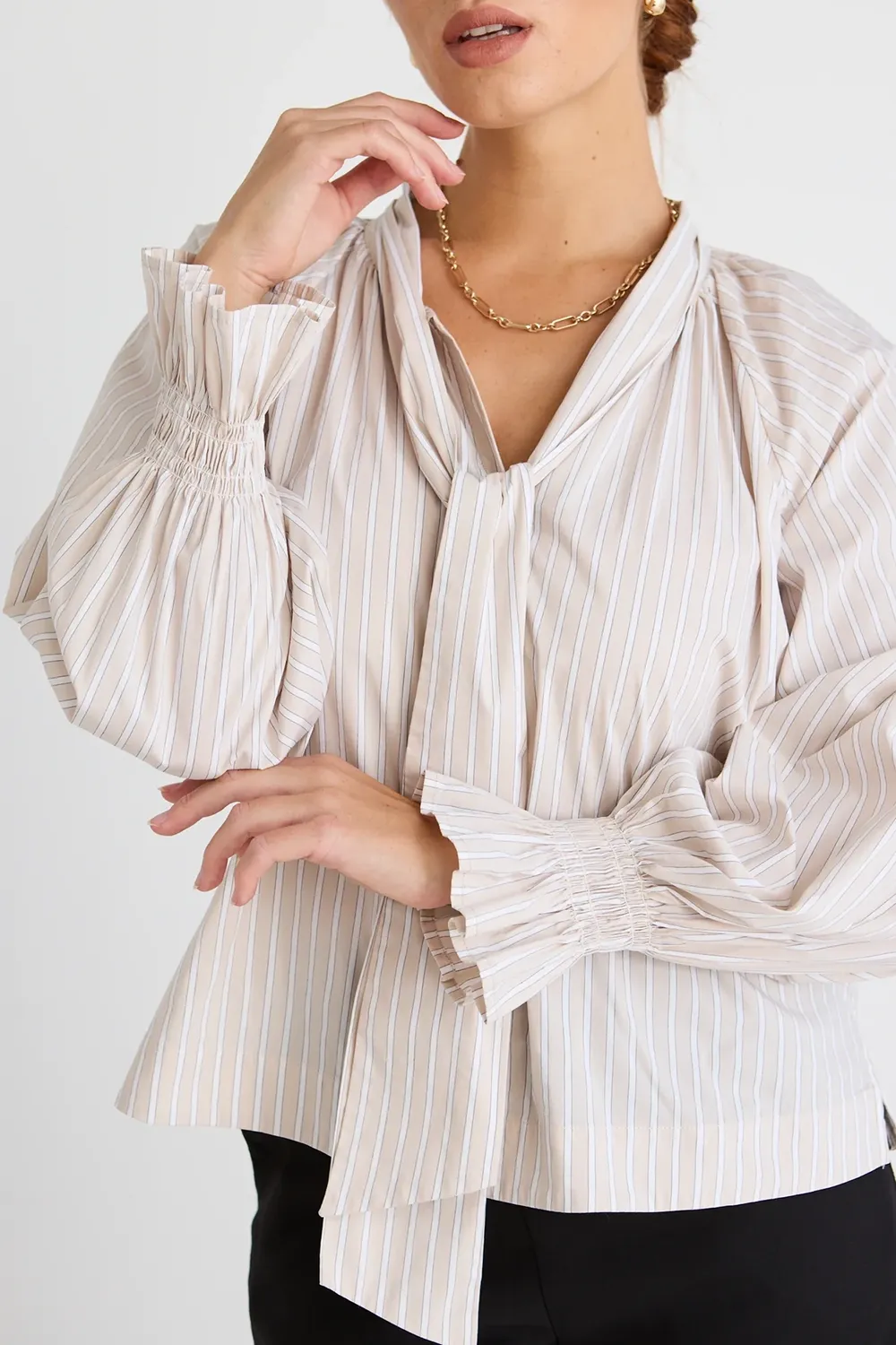 Compassion Ecru Stripe Poplin Tie Front Blouse