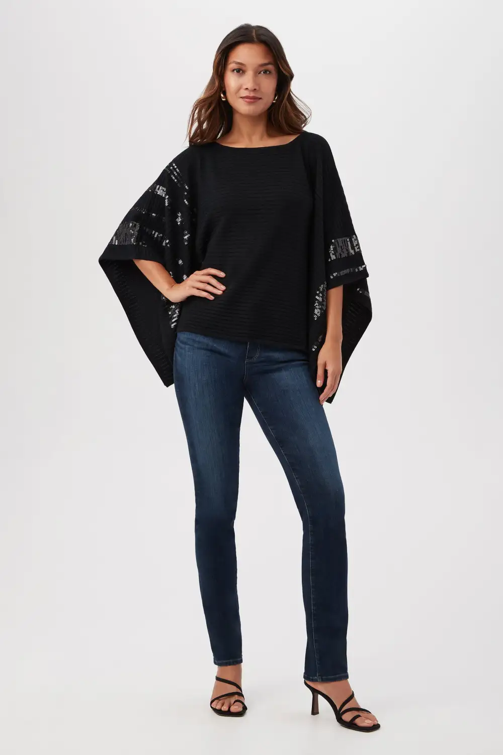 ADELA MERINO WOOL WRAP SWEATER WITH BLACK SEQUIN STRIPES