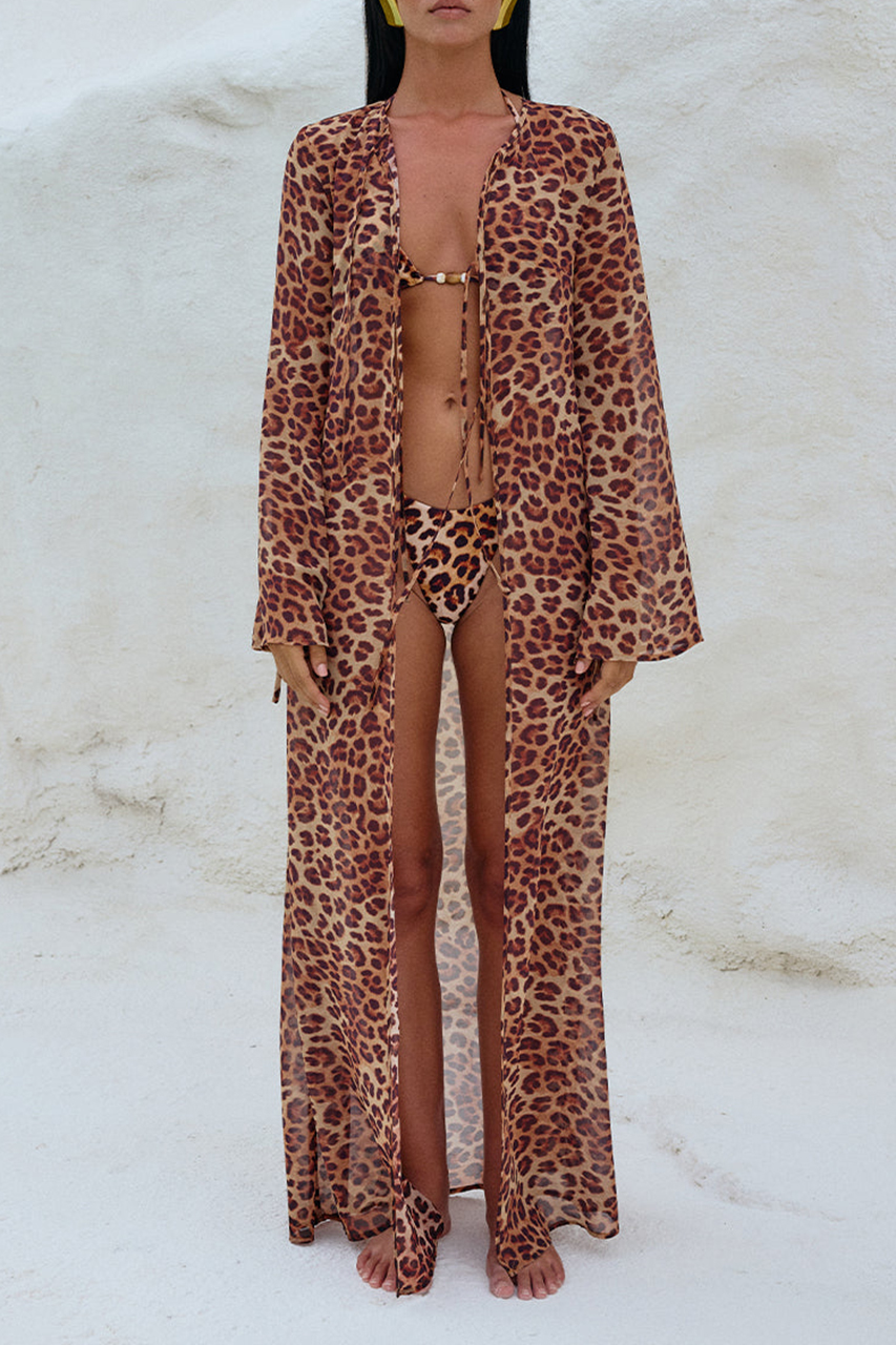 Long leopard print micro-sheer swimsuit