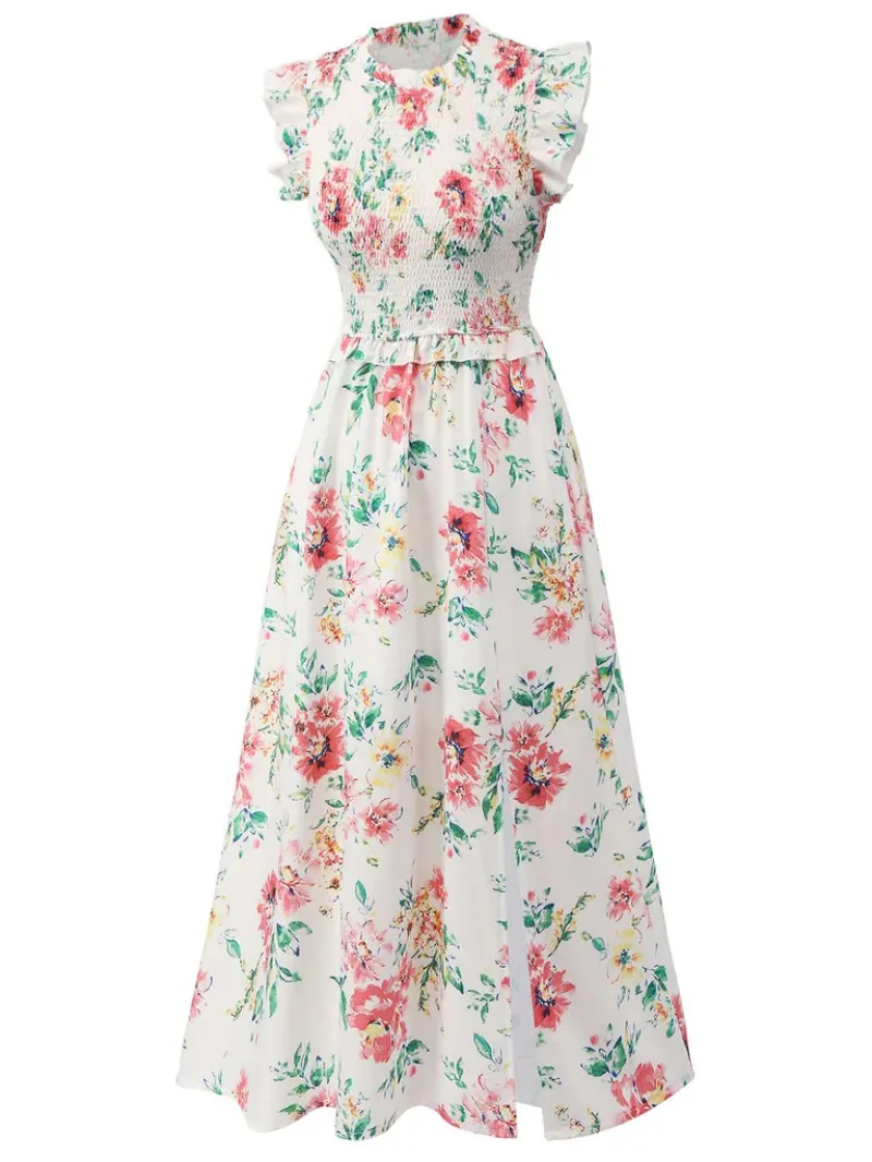 WHITE 1940S SLEEVELESS FLORAL RUFFLES DRESS