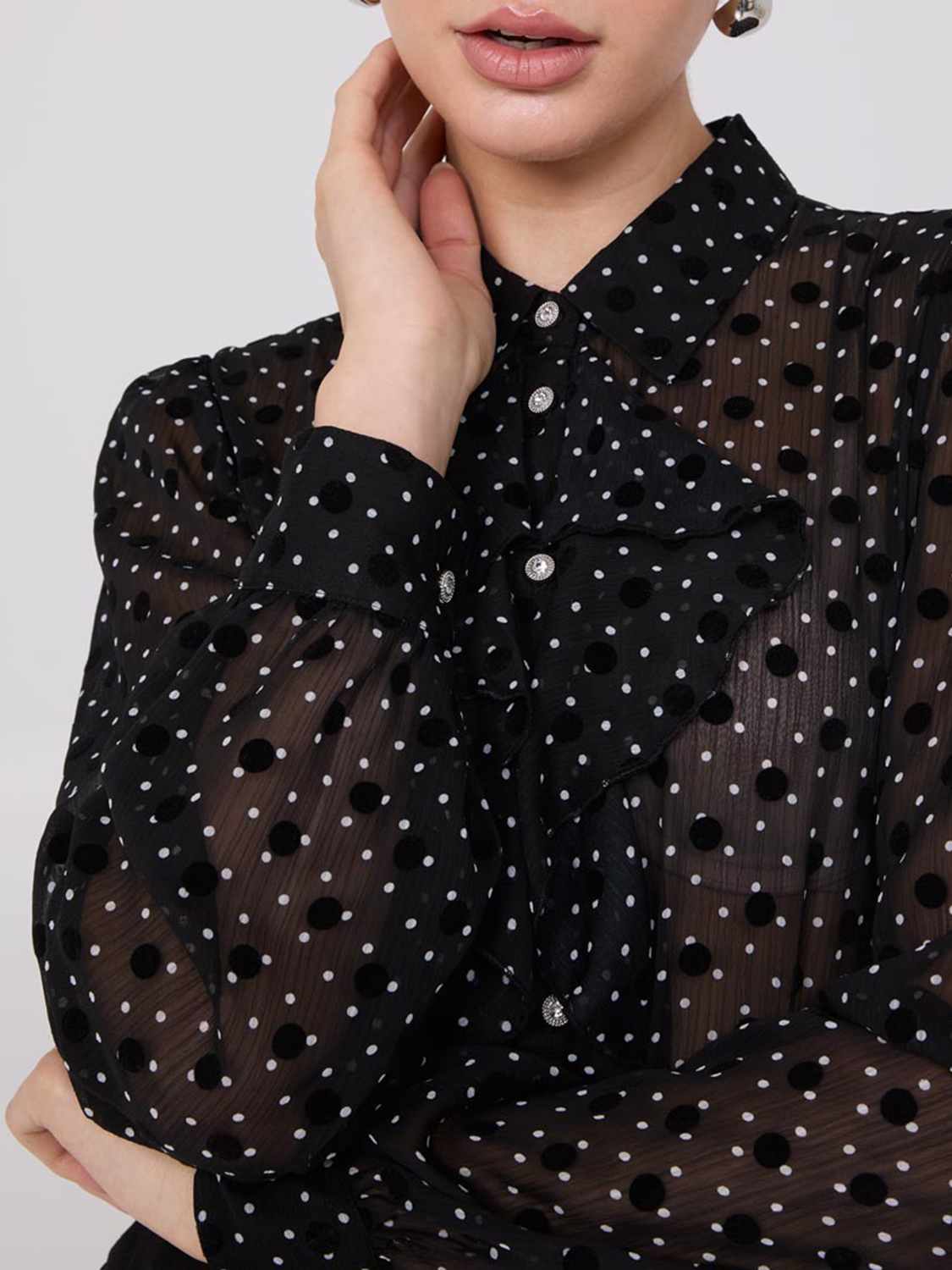 Dot Print Ruffle Button-Front Blouse