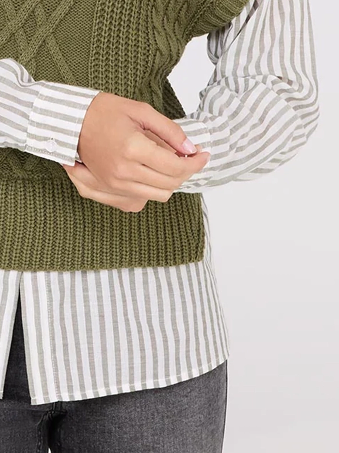 2-Fer Cable Knit Vest With Striped Blouse