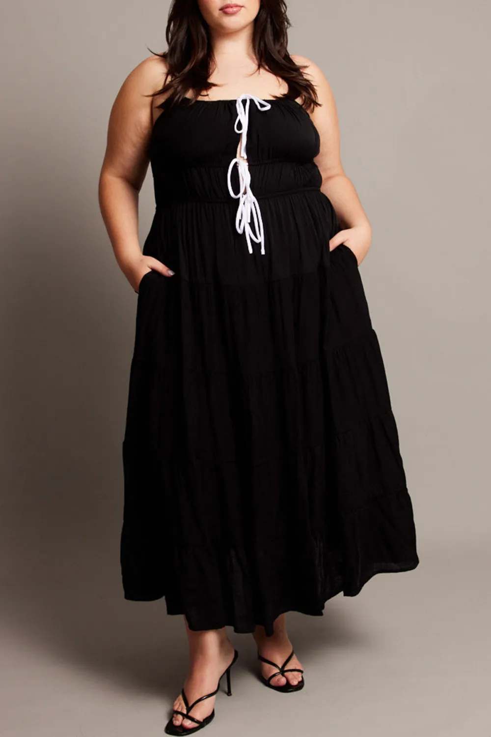 Black Midi Dress Sleeveless Contrast Ribbon