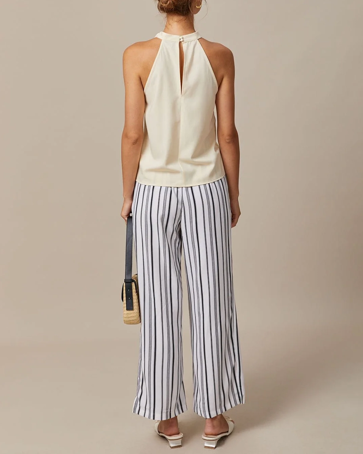 The Black Elastic Waist Striped Button Pants