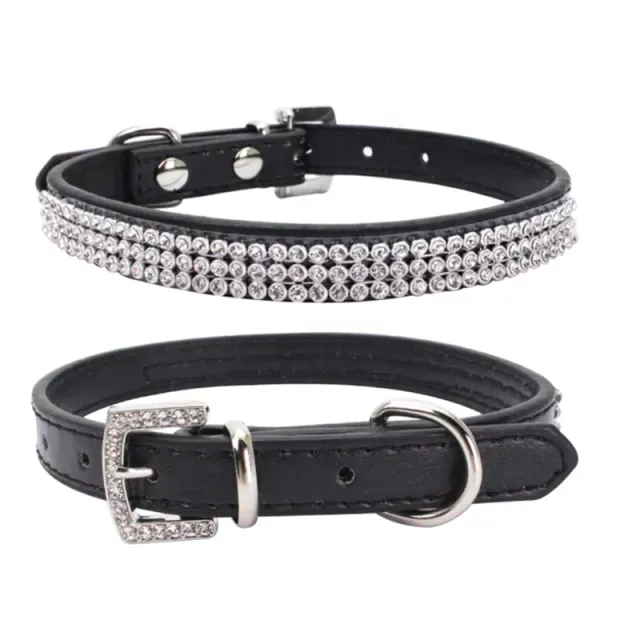 3 Rows Bling Rhinestone Small Pet Dog PU Leather Buckle Cute Cat Crystal Collar