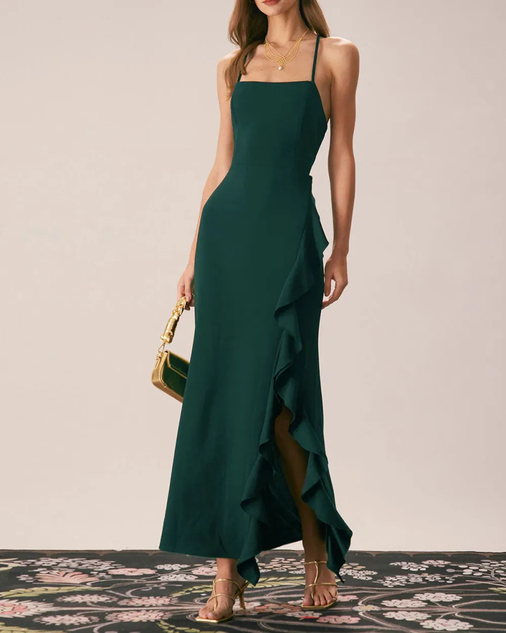 Dark green back cross strap long dress