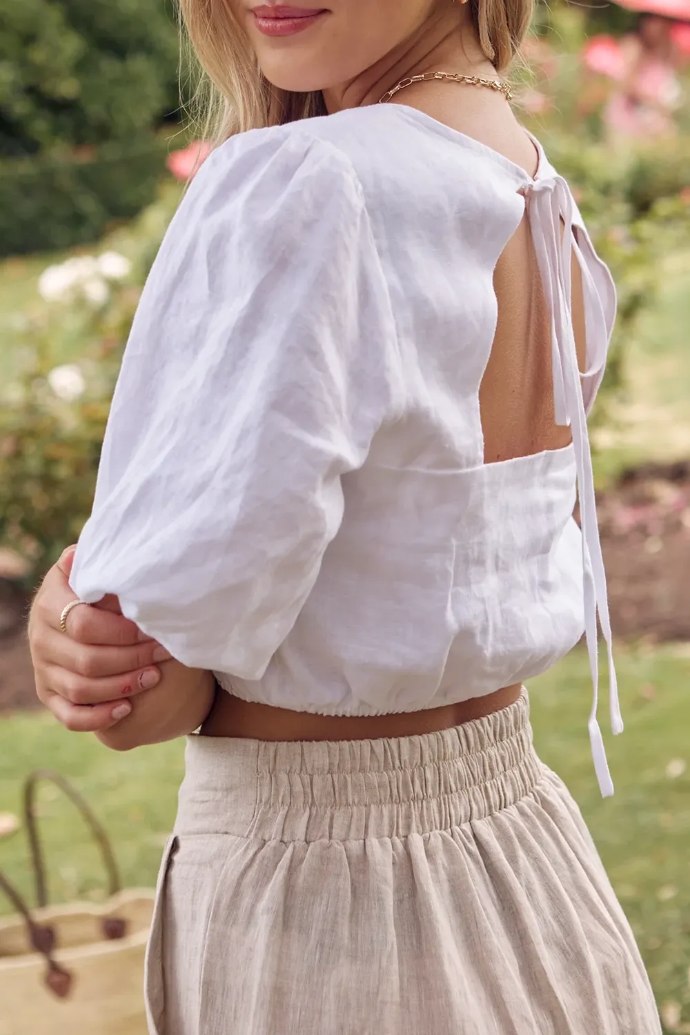 Feeling White Linen Cut Out SS Crop Top