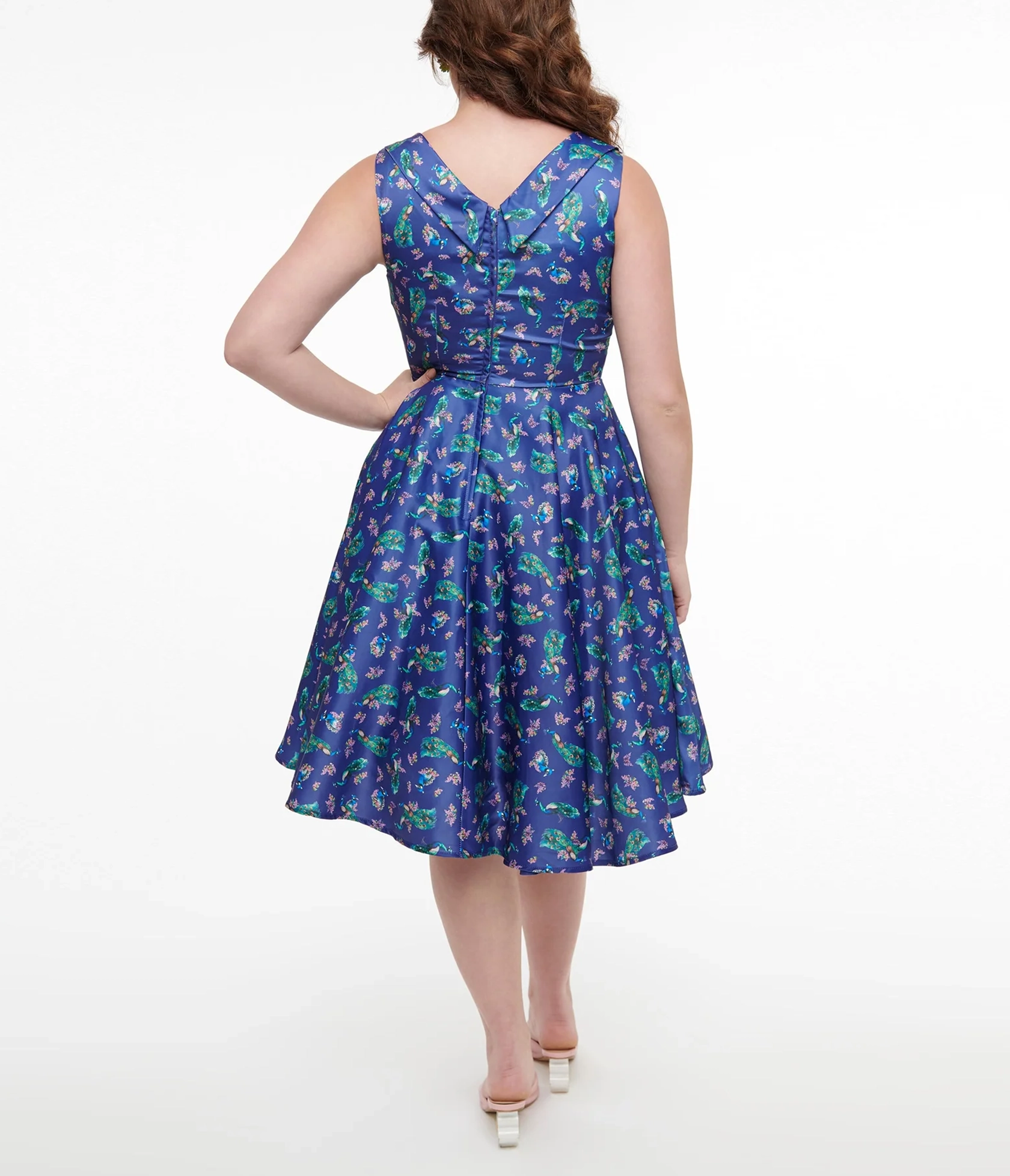 Dolly & Dotty 1950s Purple & Teal Peacock Print Grace Swing Dress