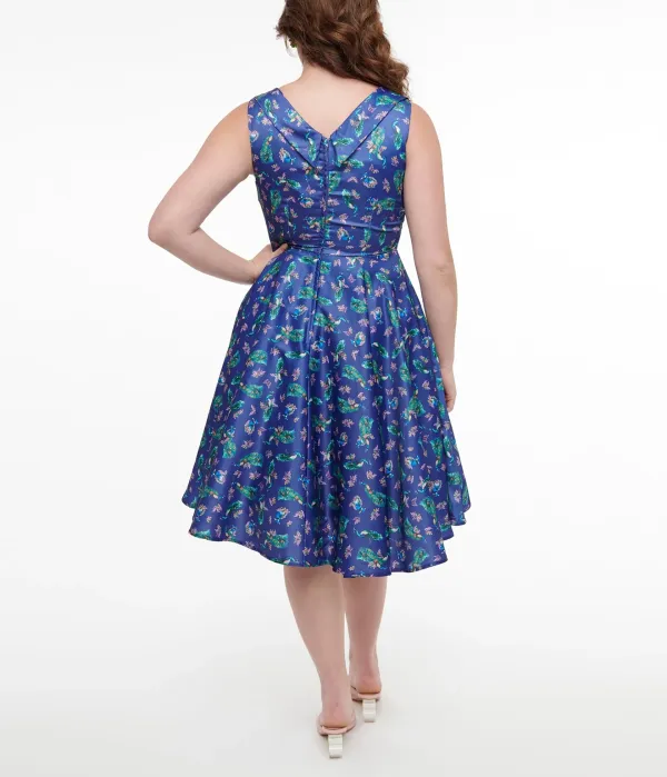 Dolly & Dotty 1950s Purple & Teal Peacock Print Grace Swing Dress