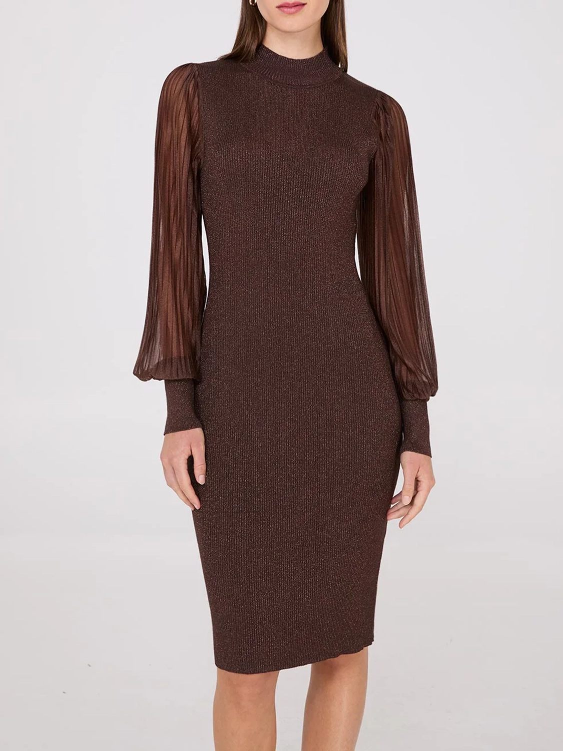 Metallic Mock Neck Midi Dress With Plisse Sleeves