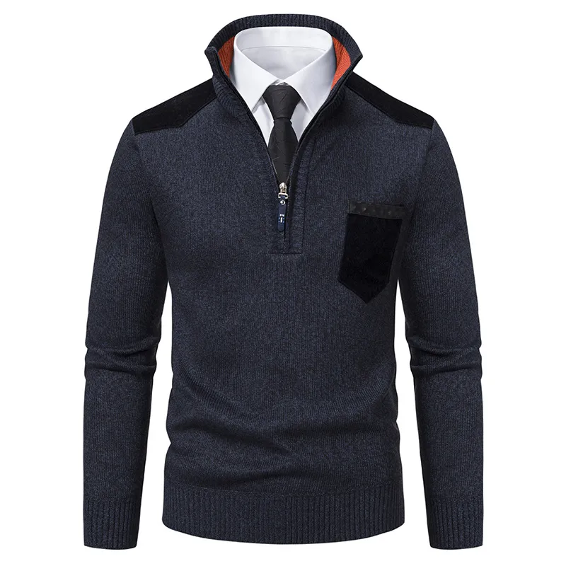 Men's Retro Zipper Stand Collar Contrast Color Pullover Sweater