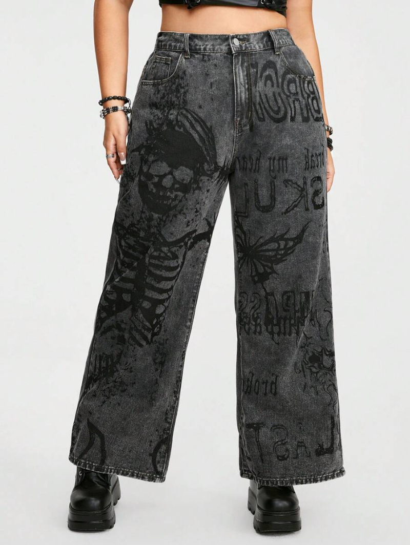 Grunge Punk Plus Size Women's Vintage Washed Skull Butterfly Slogan Design Denim Jeans