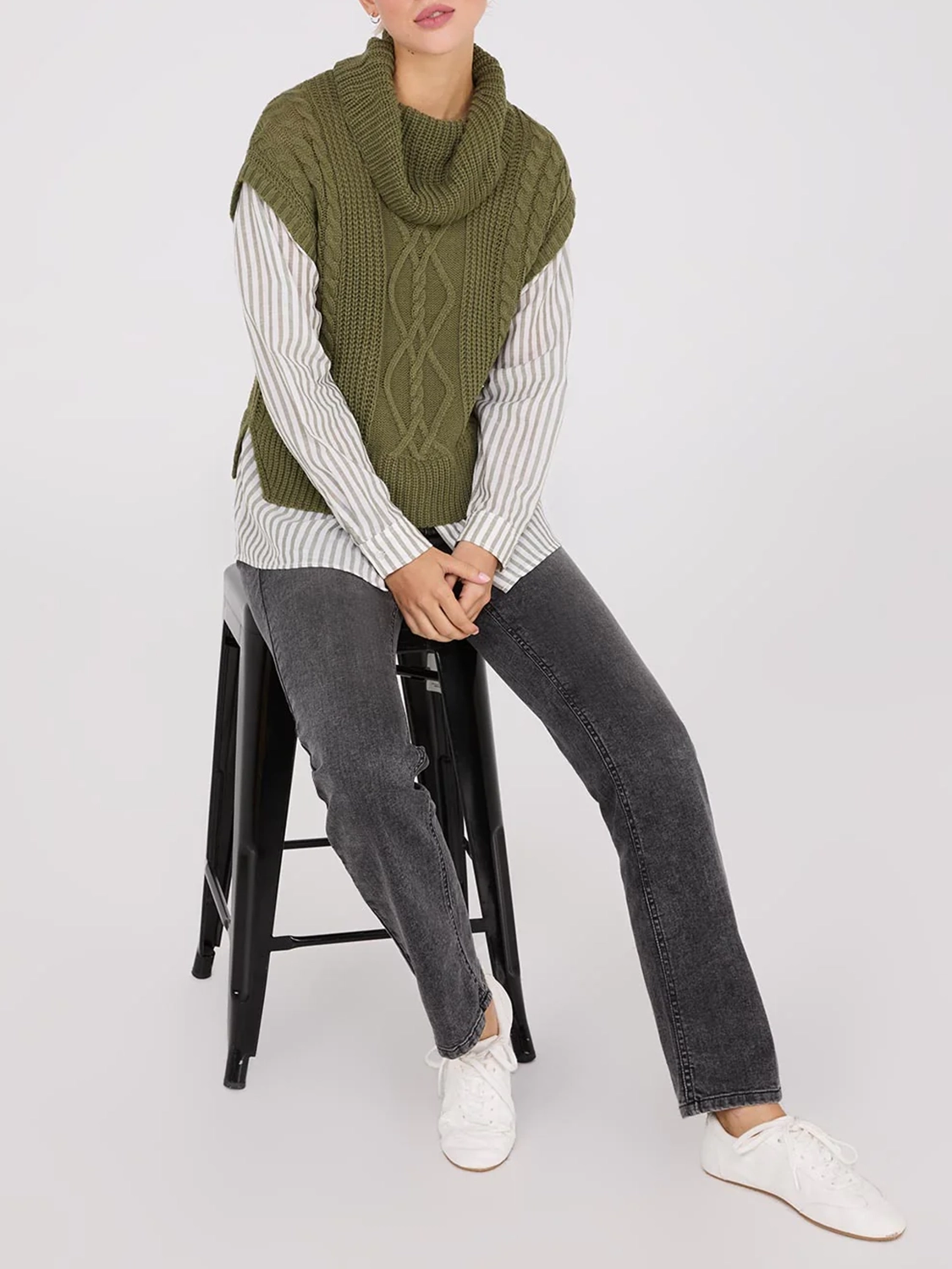 2-Fer Cable Knit Vest With Striped Blouse