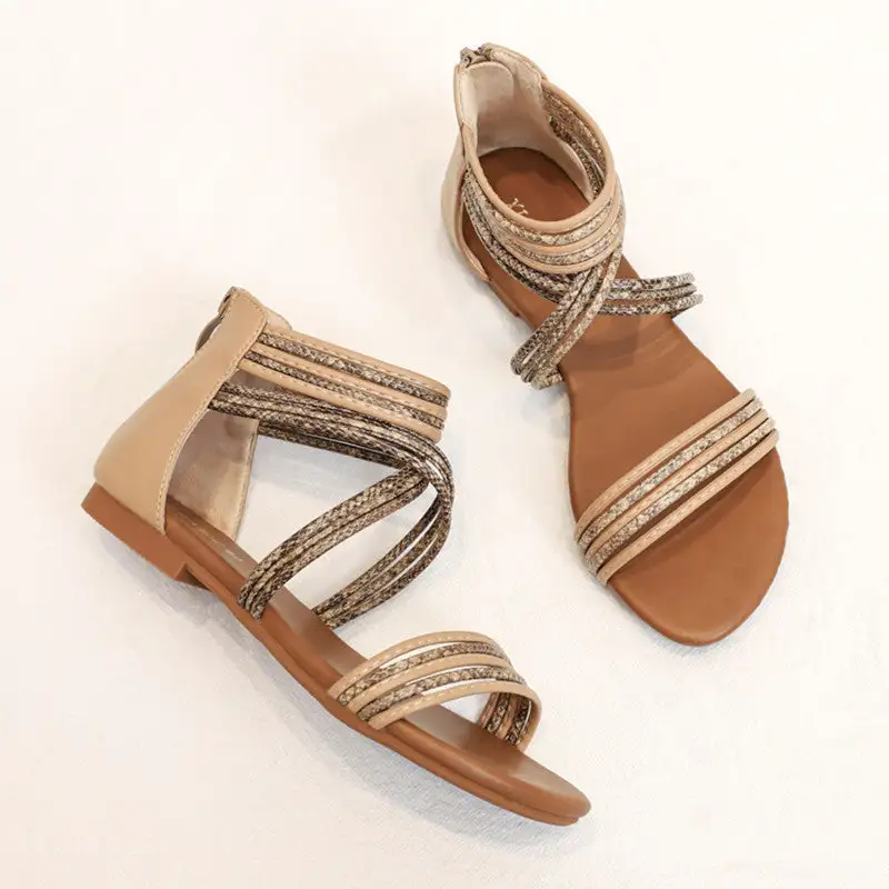 Wedge Sandals Women's 2021 Summer Snakeskin Roman Shoes Large Size Casual Flat Shoes Strappy Ankle Platform Sandals