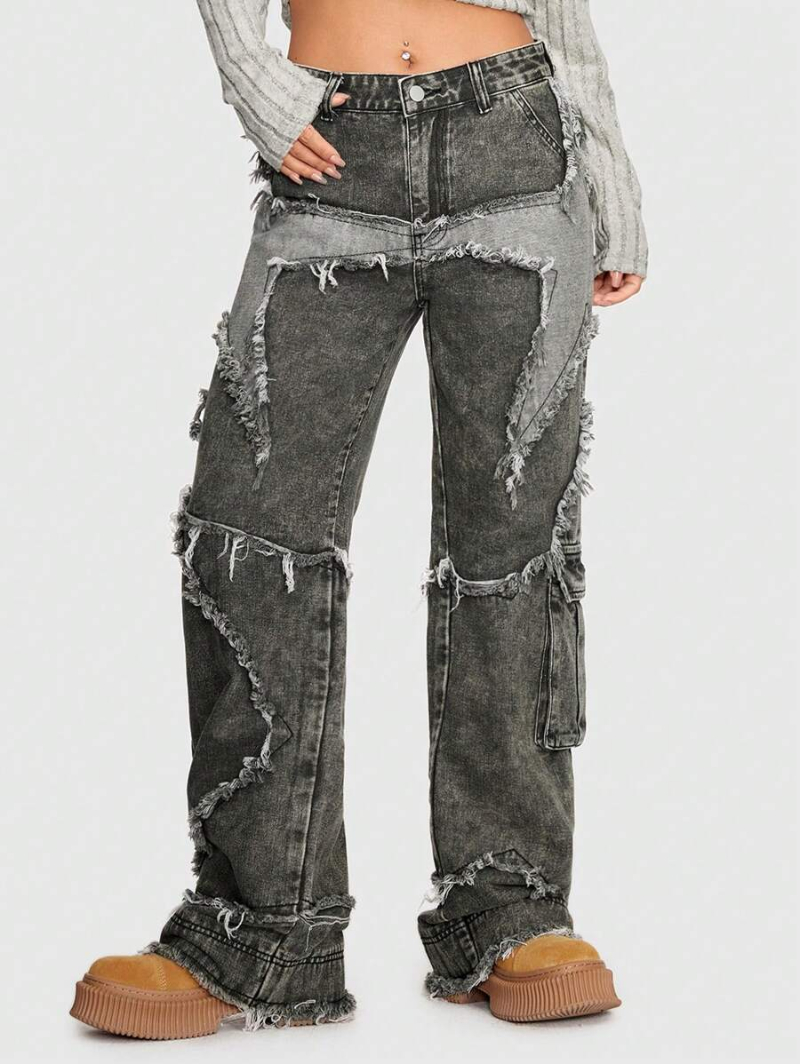 Grunge Punk Star Pattern Raw Trim Flap Pocket Cargo Jeans