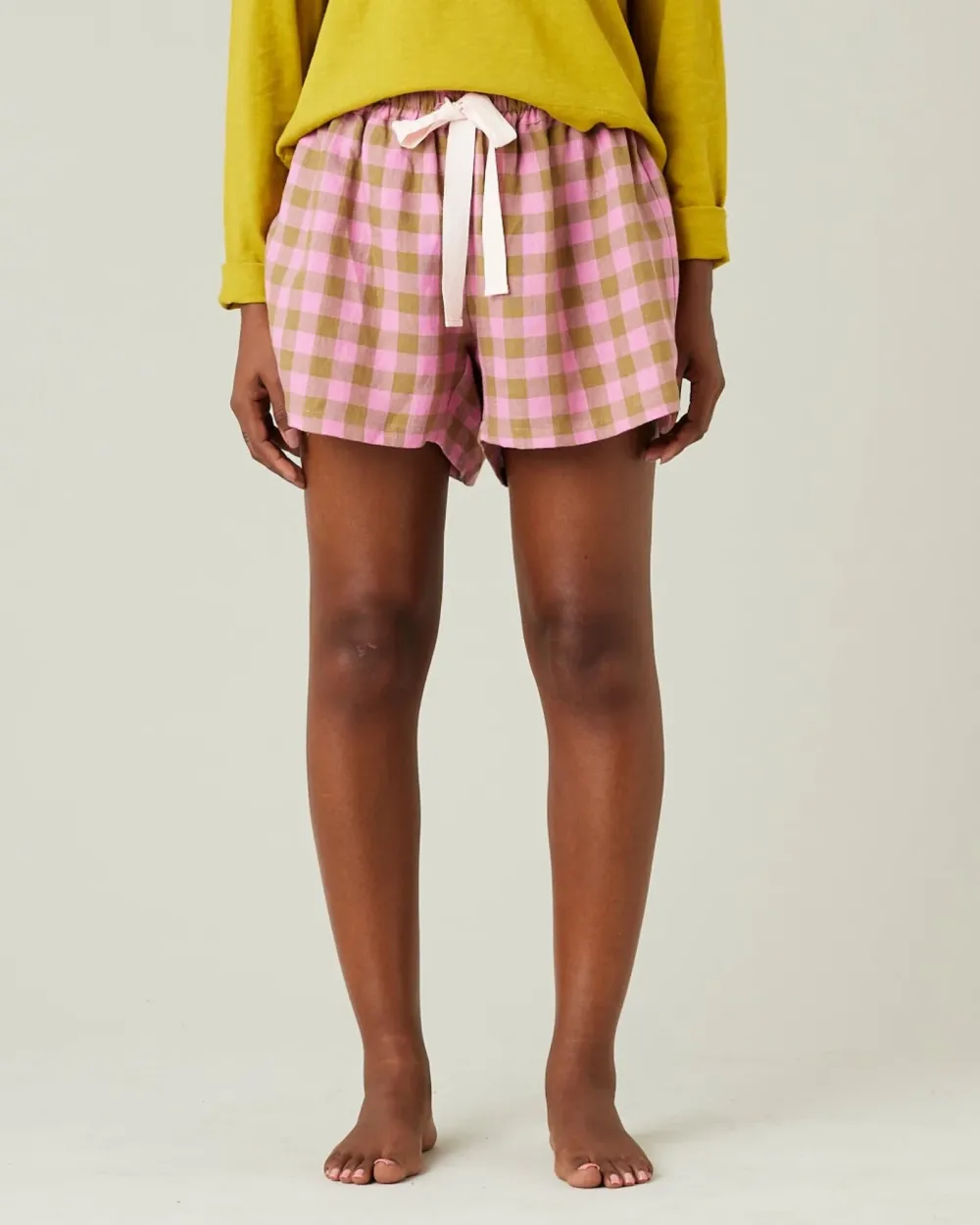 PINK & OLIVE CHECK LINEN SHORT