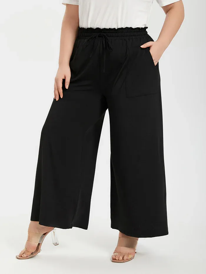 Plus Plain Paperbag Waist Kont Front Pocket Wide Leg Pants