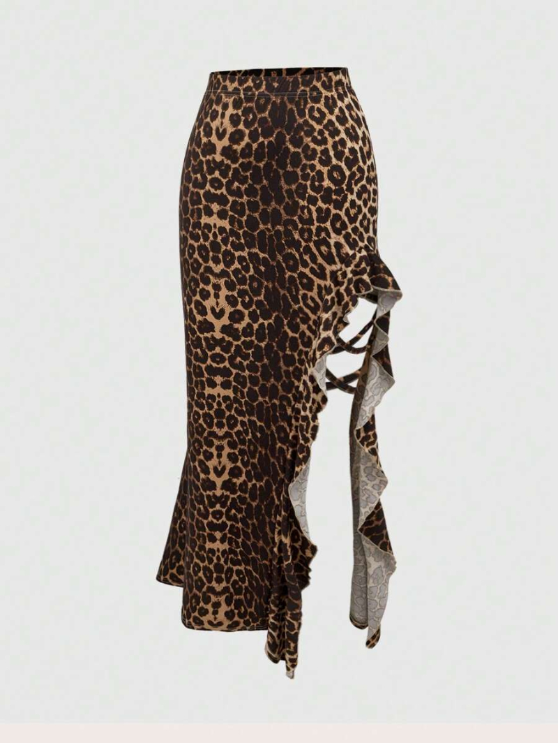 Summer Fashion Leopard Print Asymmetrical Slit Skirt With Ruffle Hem