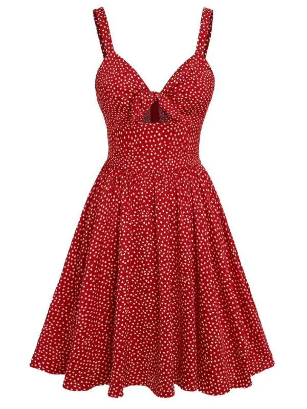 RED 1950S SPAGHETTI STRAP HEART PRINT DRESS