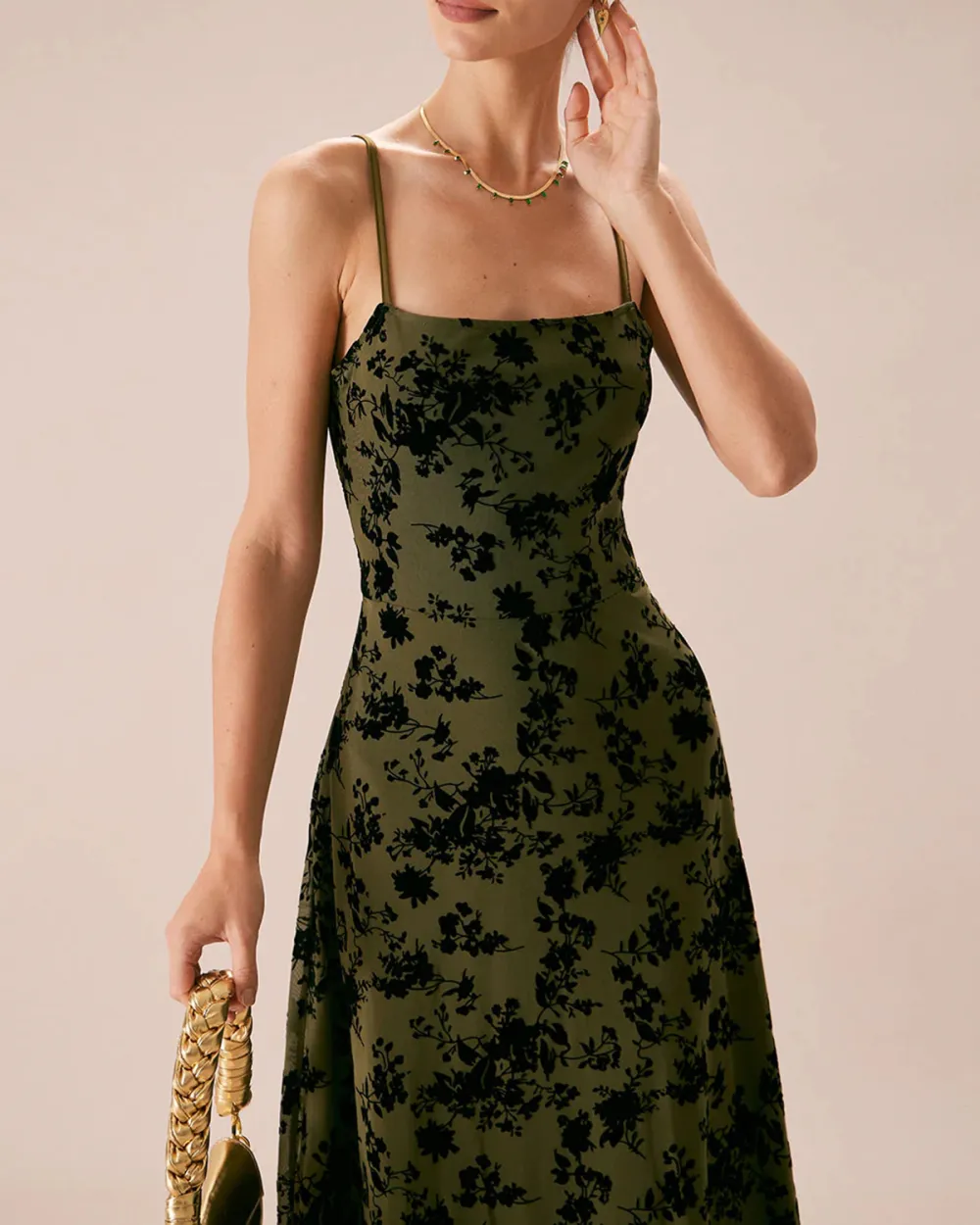 Dark green retro print suspender dress