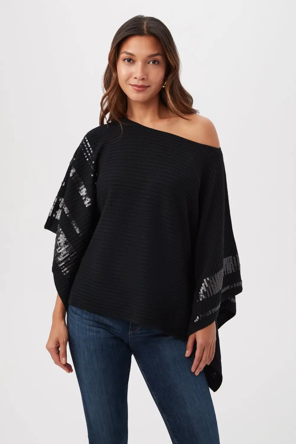 ADELA MERINO WOOL WRAP SWEATER WITH BLACK SEQUIN STRIPES