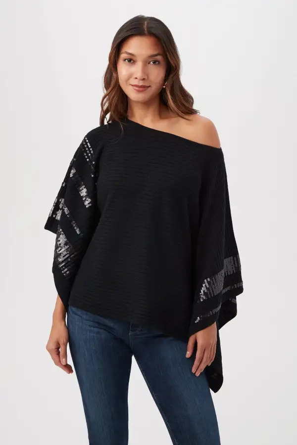 ADELA MERINO WOOL WRAP SWEATER WITH BLACK SEQUIN STRIPES