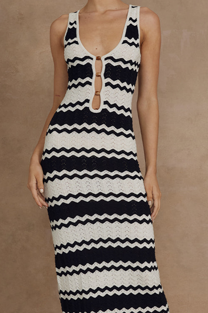 Black and white striped knitted midi dress