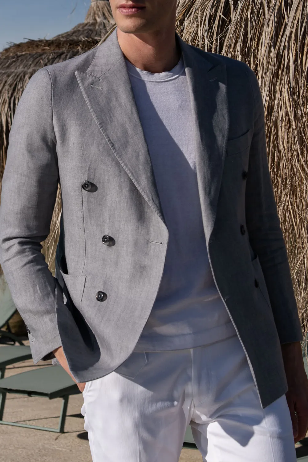 Sky Grey Herringbone Double Breasted Linen Jacket