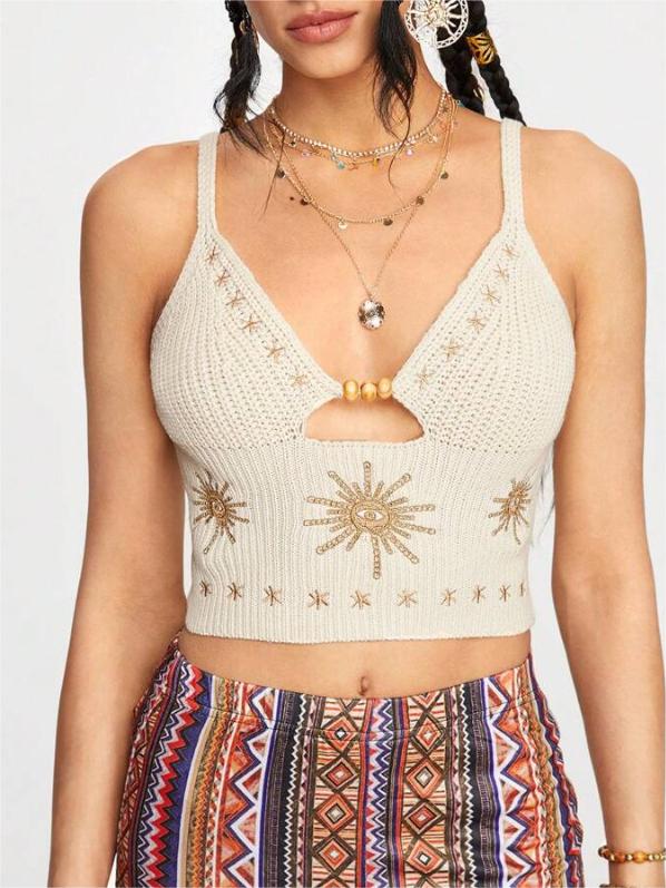 Hippie Women's Knit Eye Sun Embroidery Hippie Top