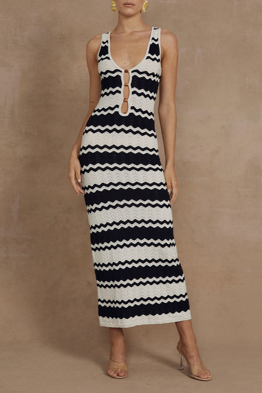 Black and white striped knitted midi dress