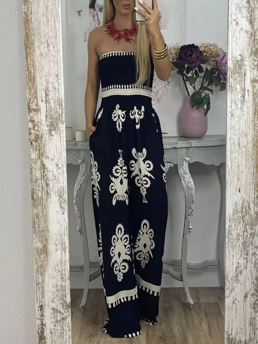 Womens Sexy Printed Chest Wrap Jumpsuit