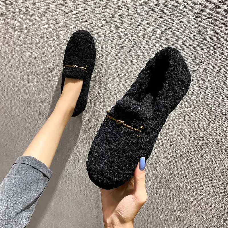 Furry Outer Wearing Flats Loafers Chain Decor Backless  Wild Fluffy Flat Mules Warm