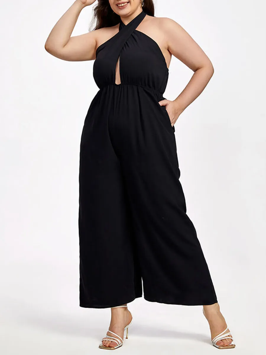 Plus Black Halter Crisscross Pocket Elastic Waist Wide Leg Jumpsuit