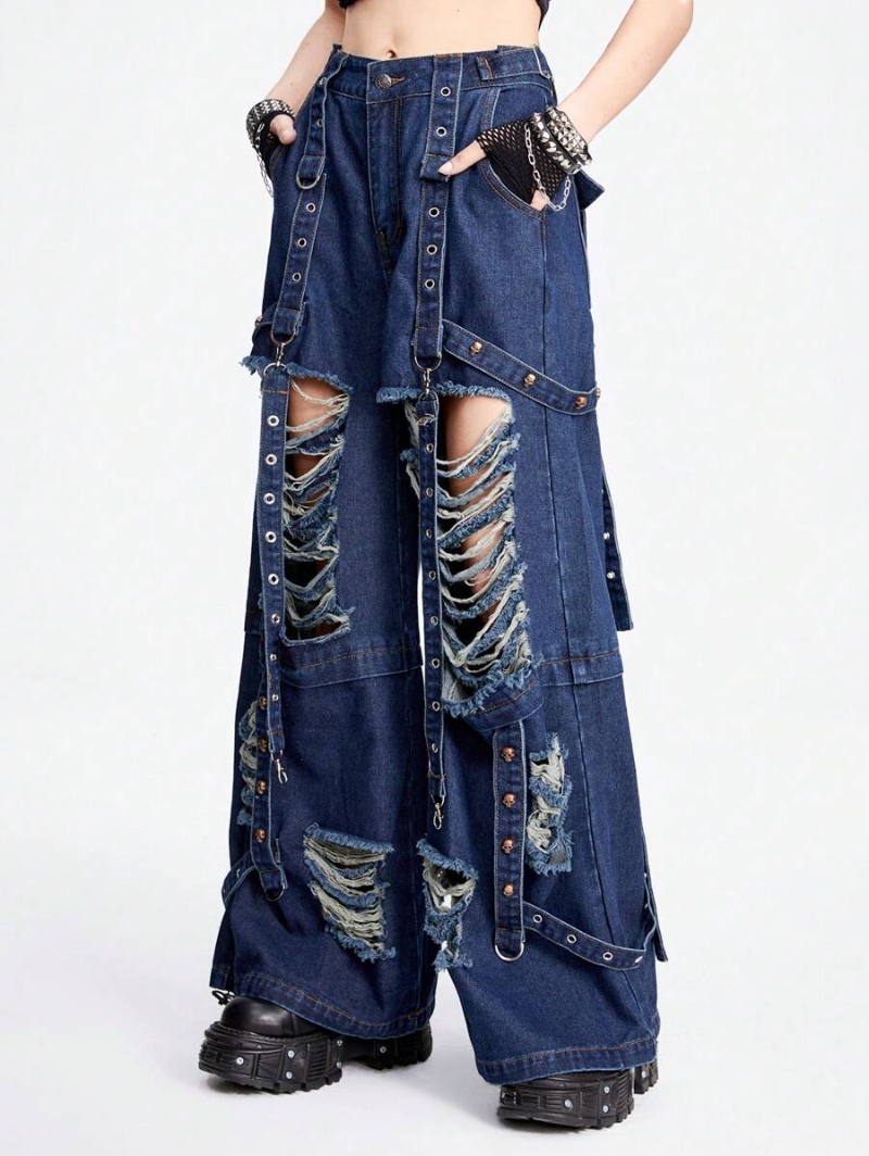 Grunge Punk Punk Street Style Super Loose Ripped Music Festival Cool Skull & Rivet Decor Women's Jeans