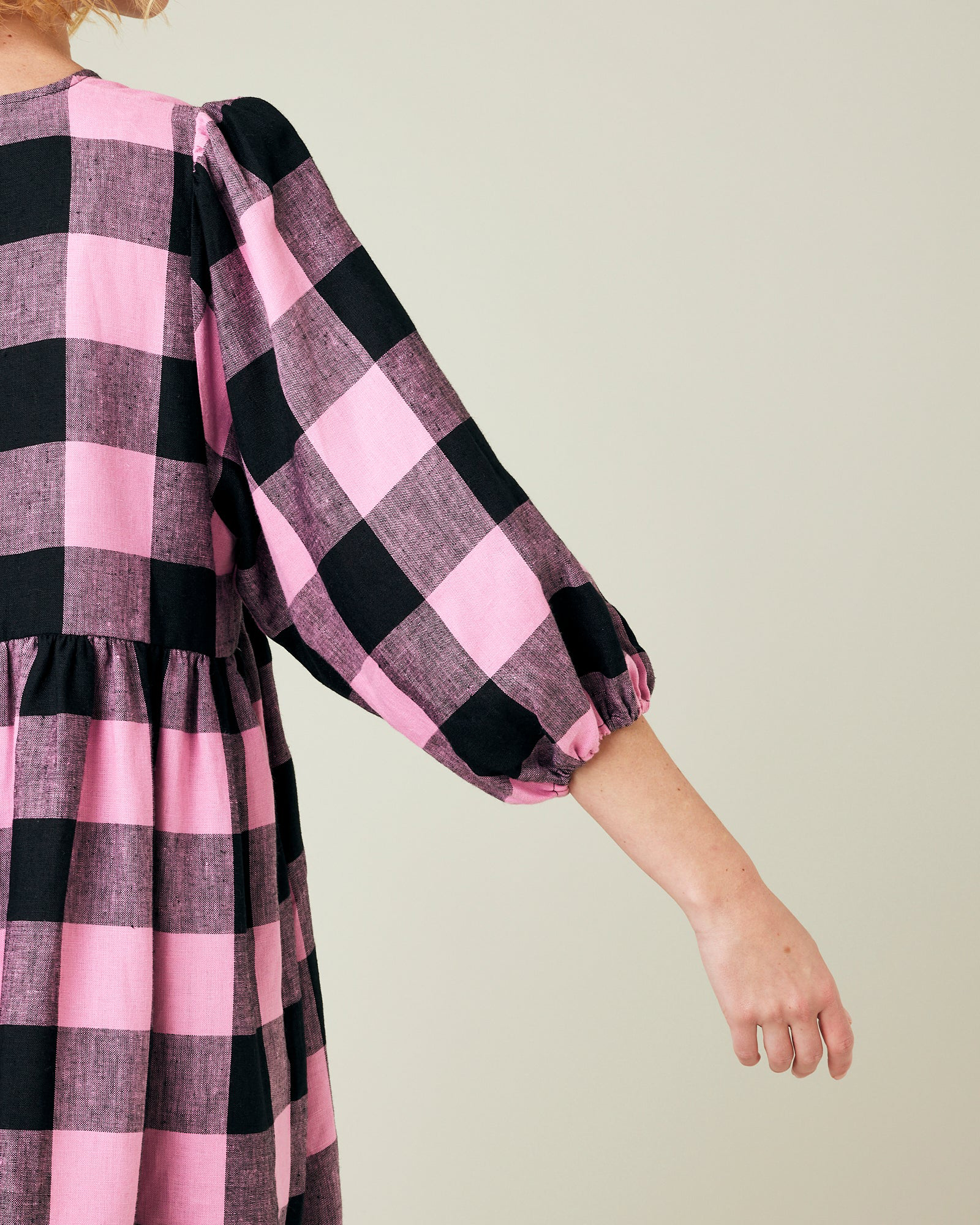 ABBIE PINK & BLACK MEGA CHECK LINEN DRESS