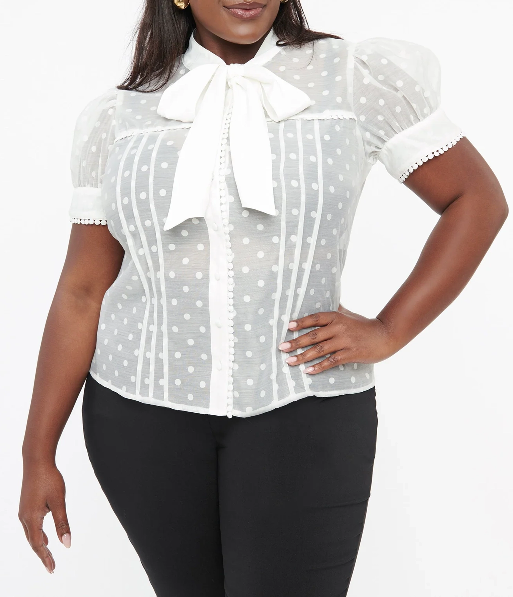 Unique Vintage Plus Size 1940s White Dot Tie Neck Blouse