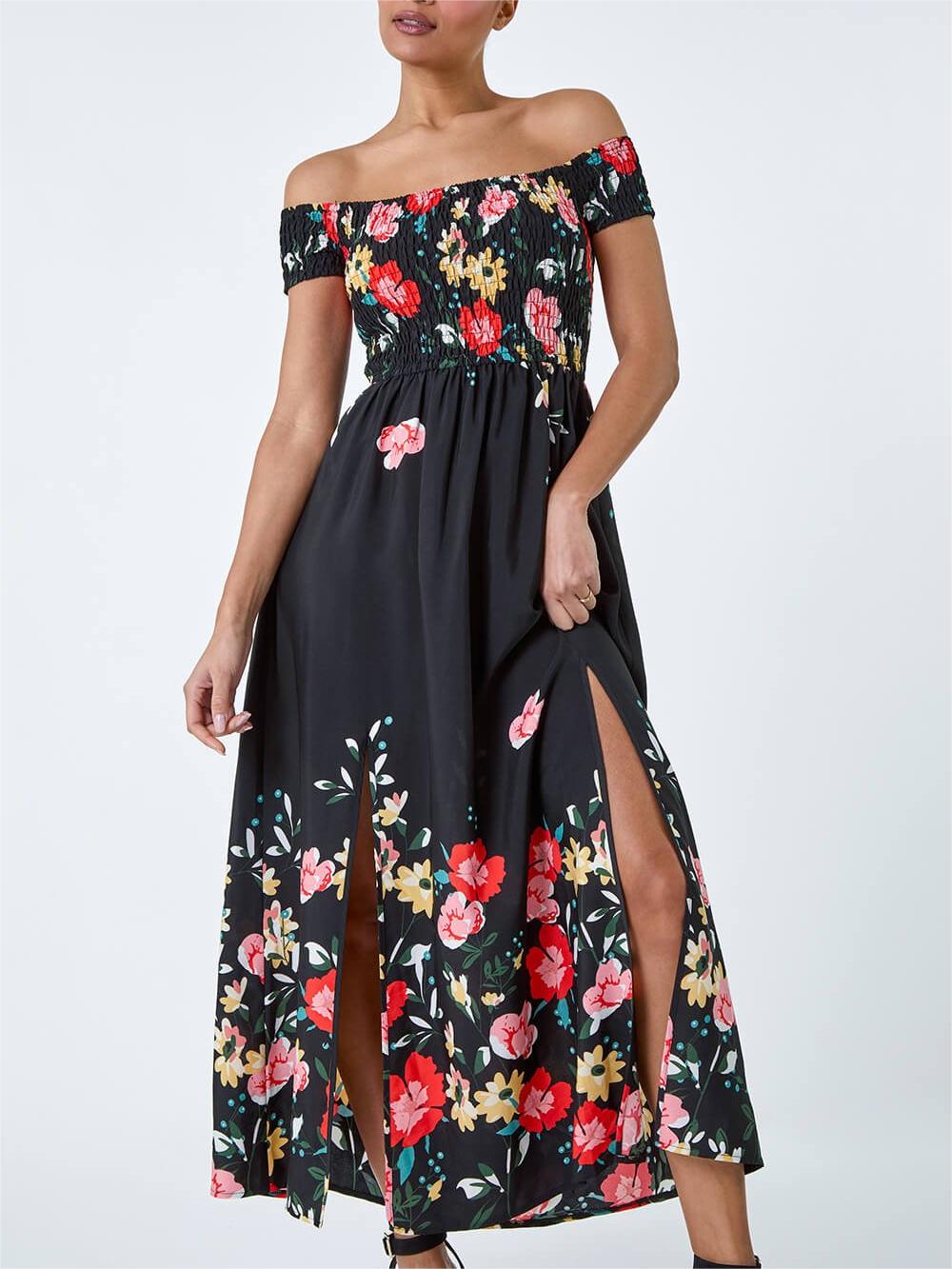 One shoulder black printed dress