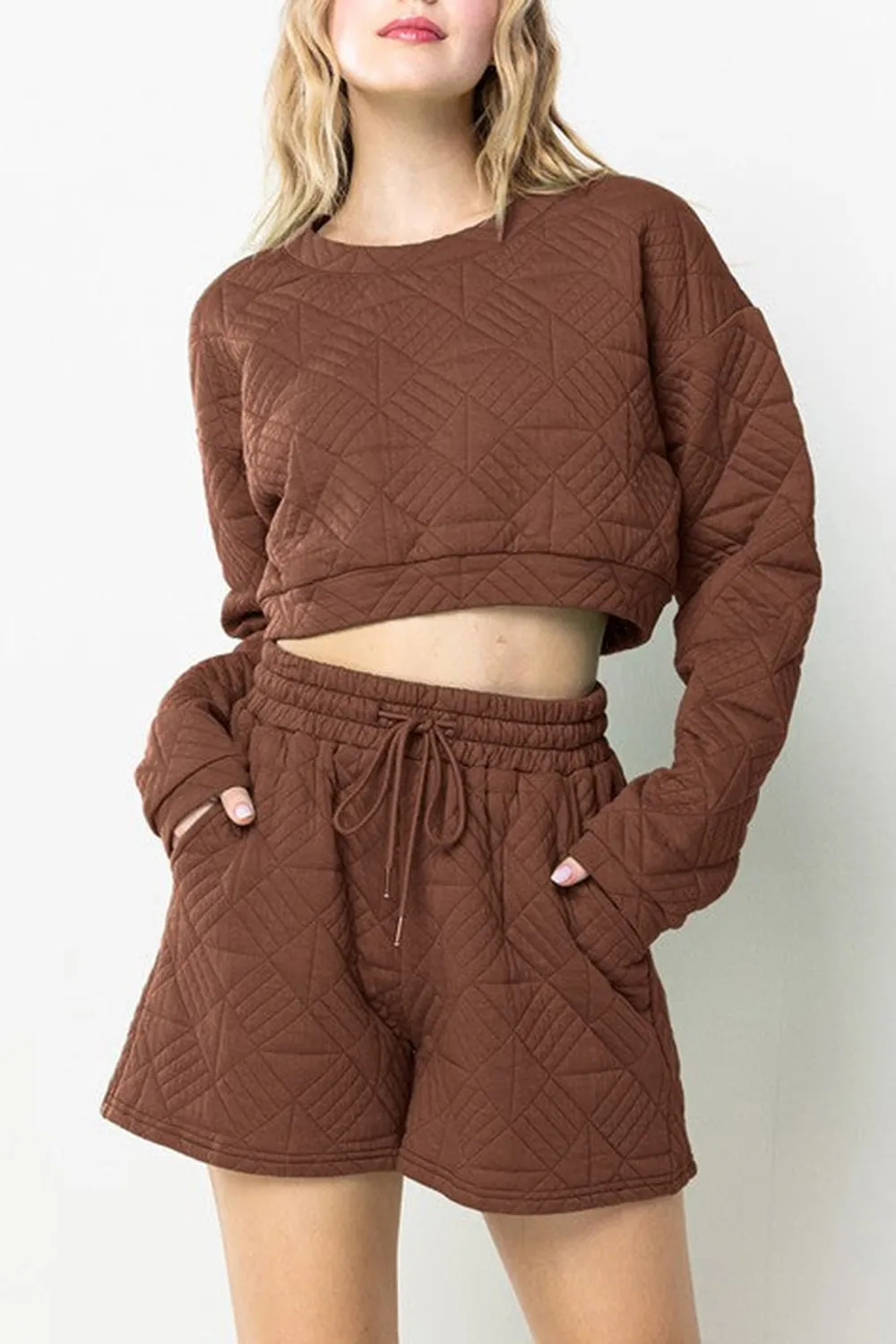 BROWN QUILTED CROP TOP AND SHORTS SET