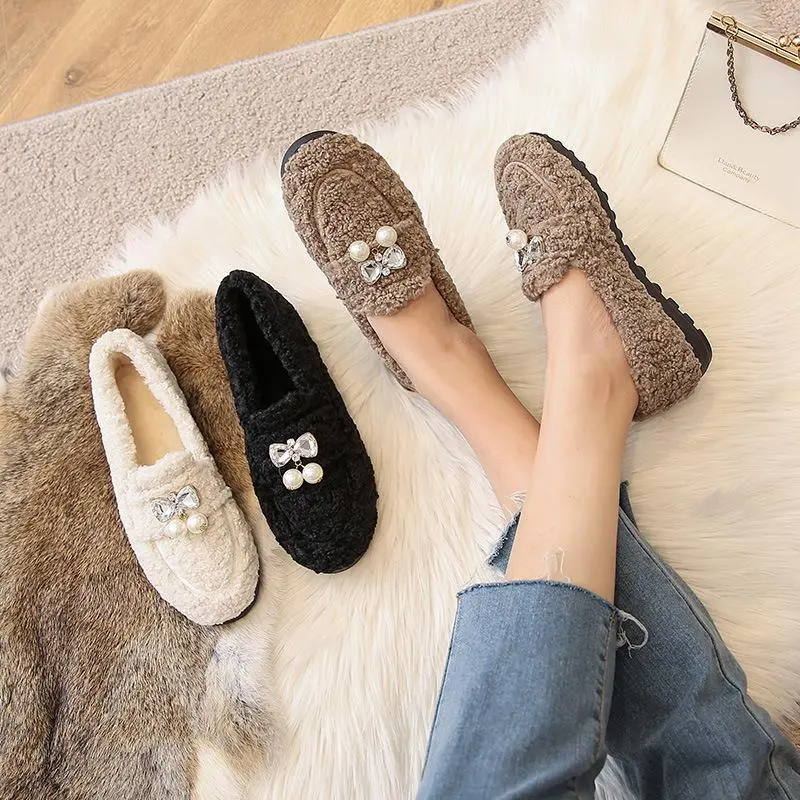 Furry Outer Wearing Flats Loafers Belt Bright diamond Bowknot Backless  Wild Fluffy Flat Mules Warm