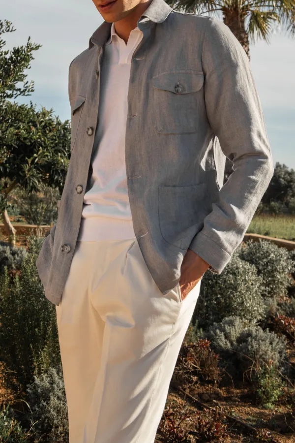 Sky Grey Herringbone Linen Safari Jacket