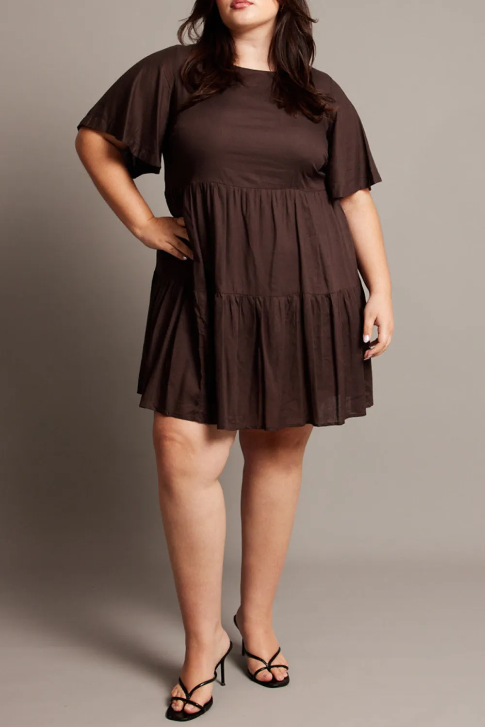 Brown Flare Sleeve Smock Minidress